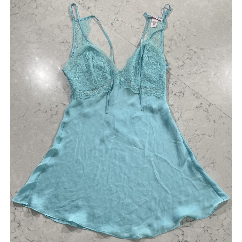 Victoria's Secret Lace Plunge Open-Back Slip Womens Medium Aqua Blue Satin Dress